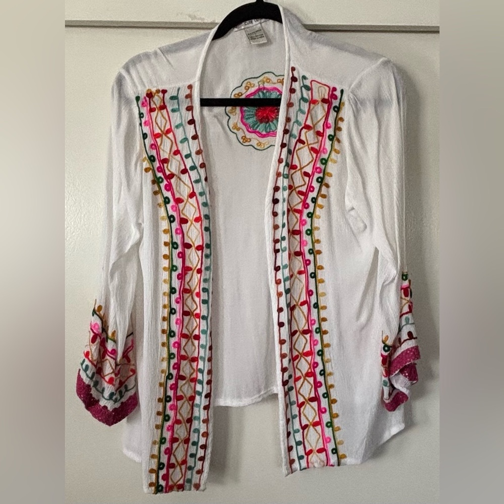 Boho Bold Colorful Embroidered Open Cardigan Top M/L